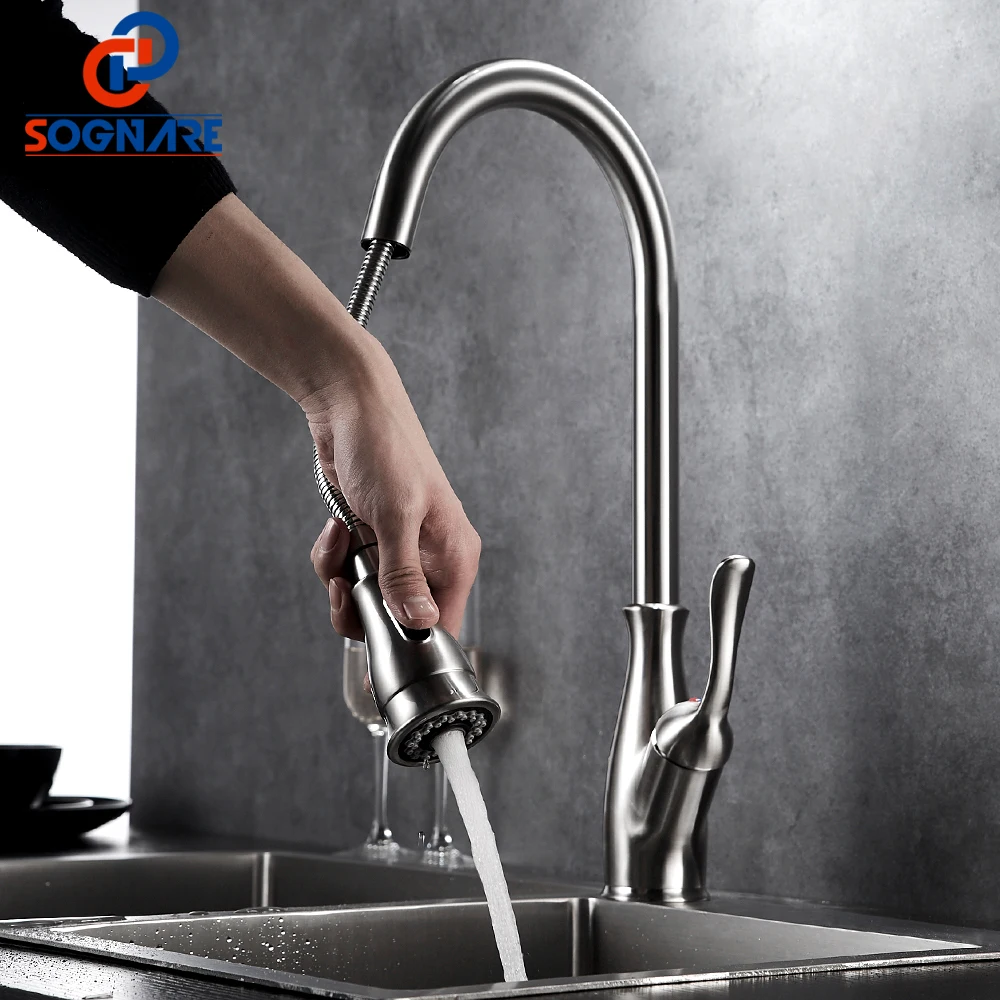 

360 Degree Swivel Pull Out Kitchen Faucet Brushed Nickel Kitchen Mixer Water Tap Single Handle Rotation Spray Mixer Tap Torneira