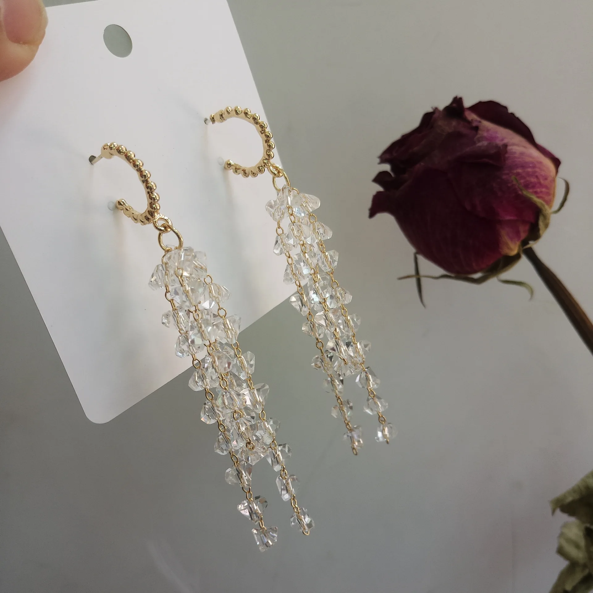 AOMU Personality Fashion Metal Circle Semicircular Irregular Crystal Tassel Loop Hoop Earrings for Women Gifts Wedding Jewelry