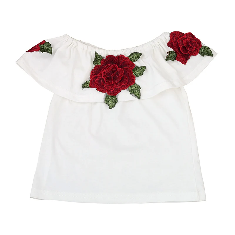 Летняя детская футболка с открытыми плечами вышивка розами белые футболки