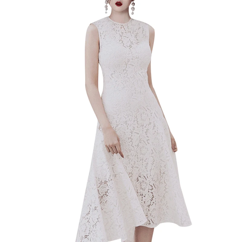 

INDRESSME 2019 New Vestidos Women Sexy O Neck Lace Sleeveless Lace Bodycon Gown Midi Dress Party Club Summer Ruffle Loose Dress