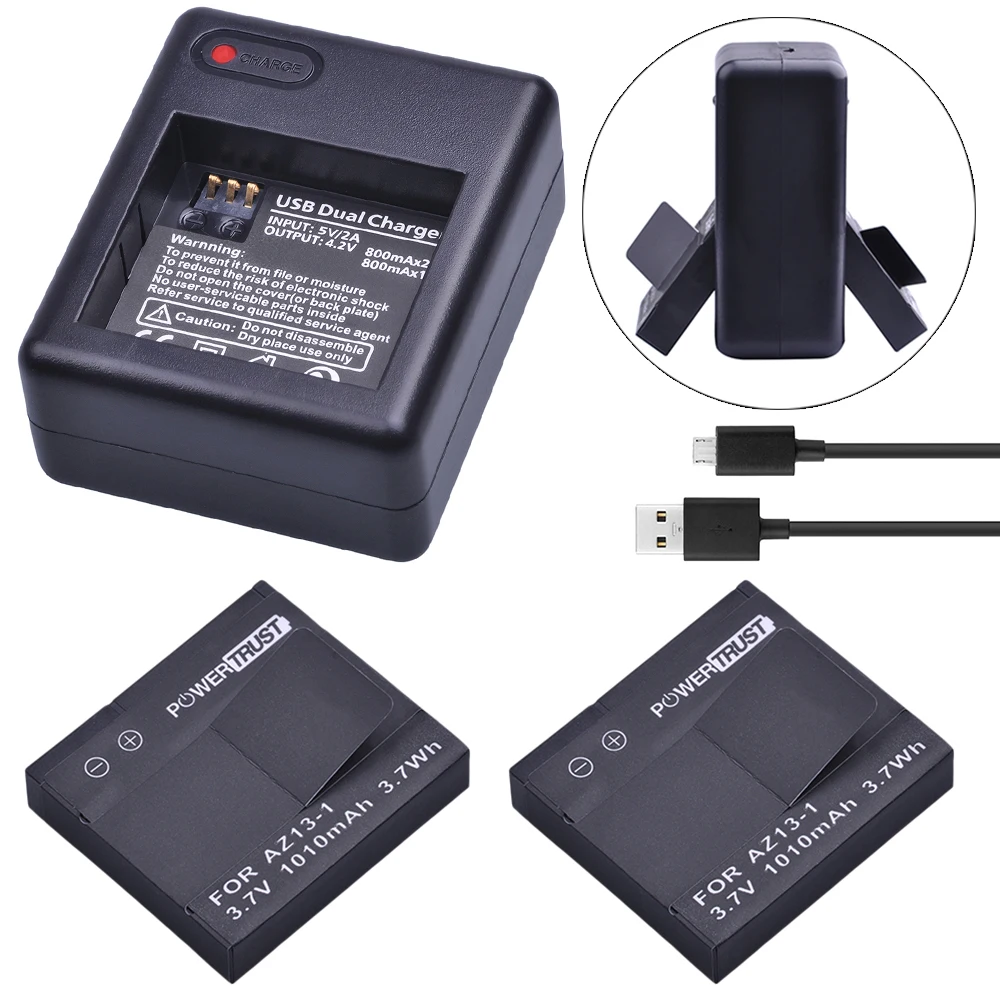 2 шт. 1010 мАч AZ13 1 аккумуляторная батарея + двойное зарядное устройство USB для xiaomi yi