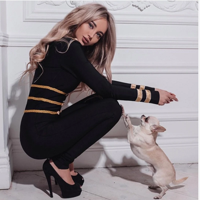 free shipping New Spring Runway Bandage Jumpsuit for Women 2019 Rompers Elegant V Neck Long Sleeve Black Club | Женская одежда