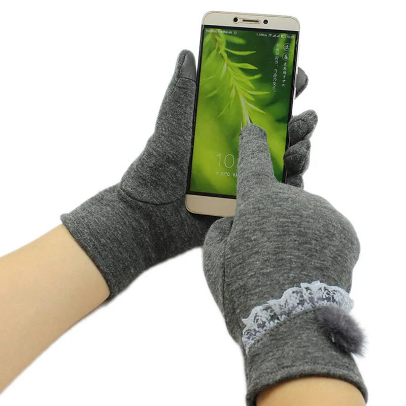

CUHAKCI Touched Screen Mittens Women Gloves Screentouch Lace Bowknot Wrist Full Fingers Female Red Warm Glove Winter Glove