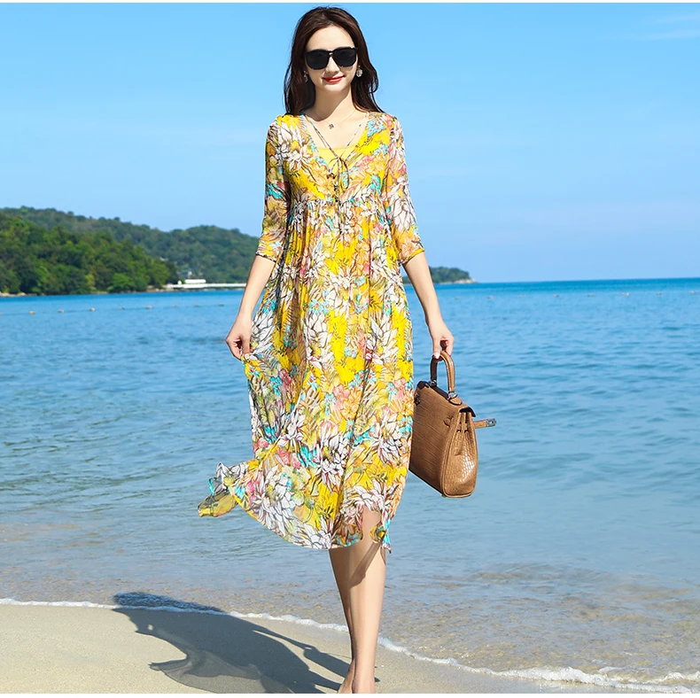 Boho пляжное летнее платье Настоящее шелковое винтажное Цветочное платье женское повседневное розовое платье элегантное, миди женские платья Vestidos 89266