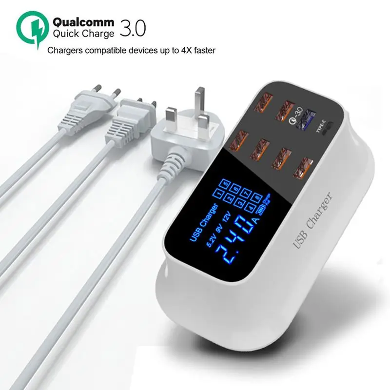 7 портов usb type C умное быстрое зарядное устройство 3,0 док-станция ЖК-дисплей адаптер питания розетка адаптер для iPhone 7 8 EU UK вилка