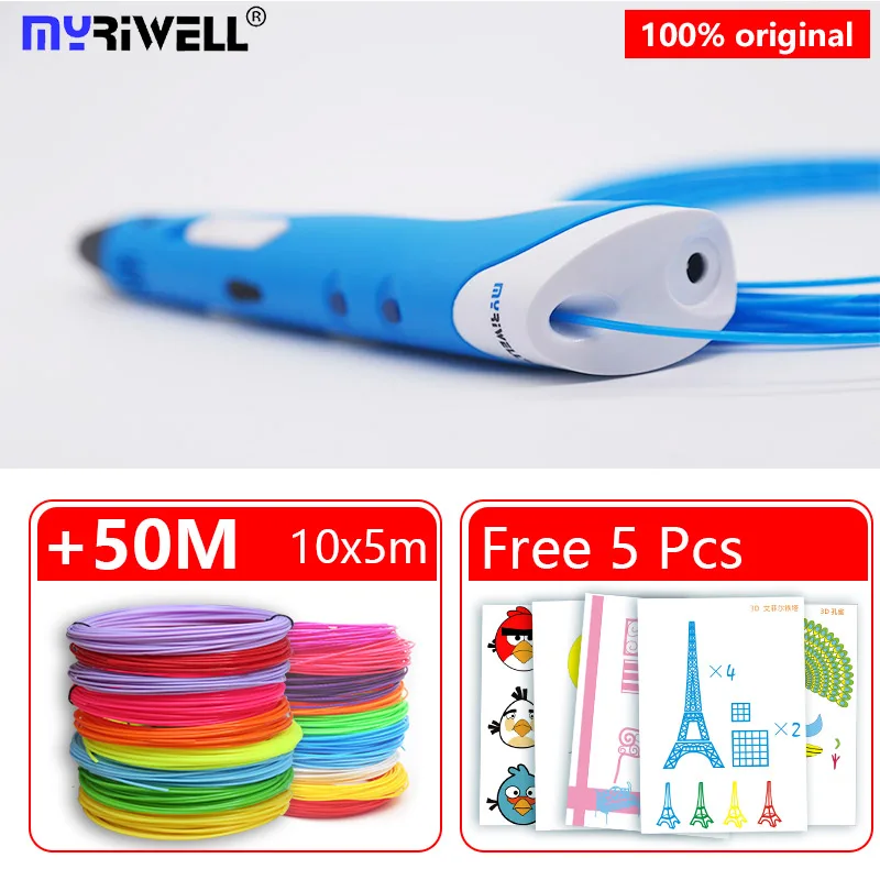 Myriwell 3d Ручка 3d Ручка abs/pla нить с копировальной доской шаблон лучший подарок на день рождения и Рождество подарок для детей - Цвет: bule pen  50m 5P