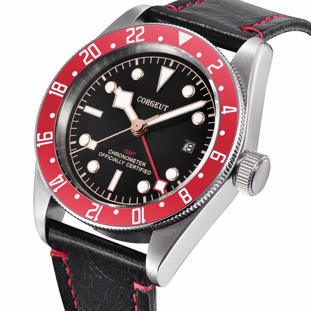 Corgeut Роскошные Брендовые Часы Schwarz Bay GMT сапфировые Мужские автоматические