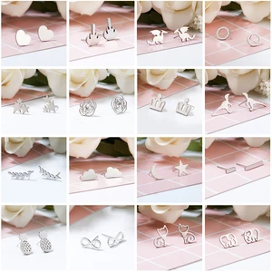 Stainless Steel Animal Heart Leaf Cat Flower Star Stud Earrings for Women Girls Minimalist Jewelry Accessories Gifts