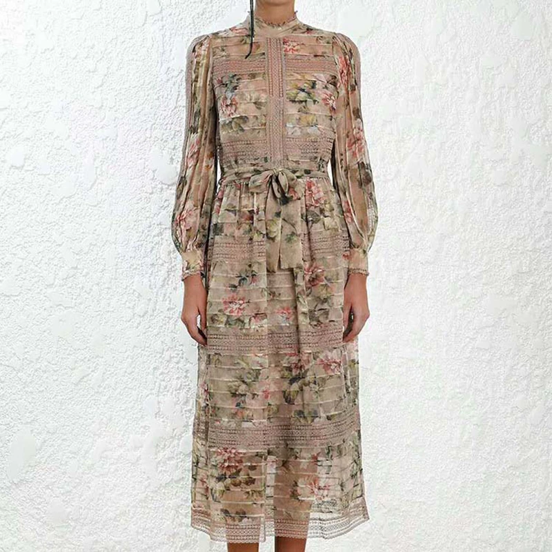 2019 весеннее платье с принтом женские винтажный воротник стойка фонари рукавом