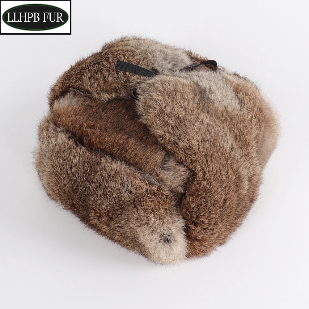 

New Brand Russian Men Real Rabbit Fur Bomber Caps Unisex Winter Warm 100% Natural Rabbit Fur Hats Women Full Pelt Real Fur Hat