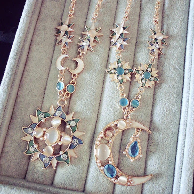 

High quality Baroque Bohemia Necklace female long sweater chain sun moon big Pendant Semi-precious stones girls lovers gift