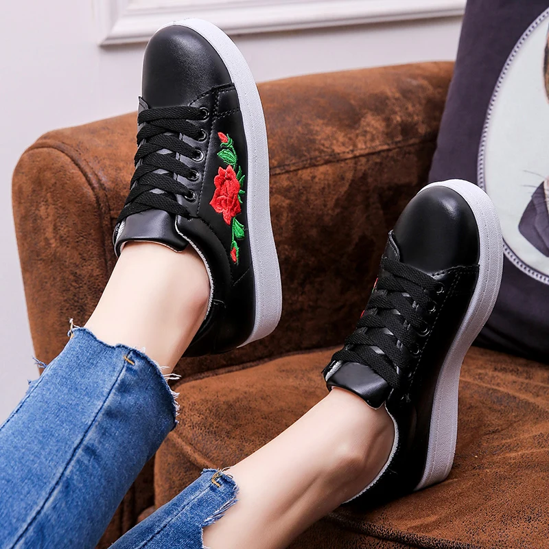Women Sneakers Pu Leather Embroidery Flat Platform Lace Up Shoes Woman Casual White espadrilles 6739 | Обувь