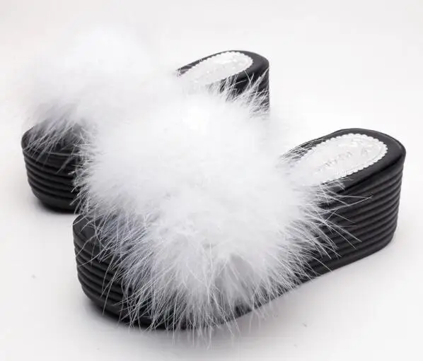 Модные меховые шлепанцы Вьетнамки Женские уличные с перьями страуса Милые