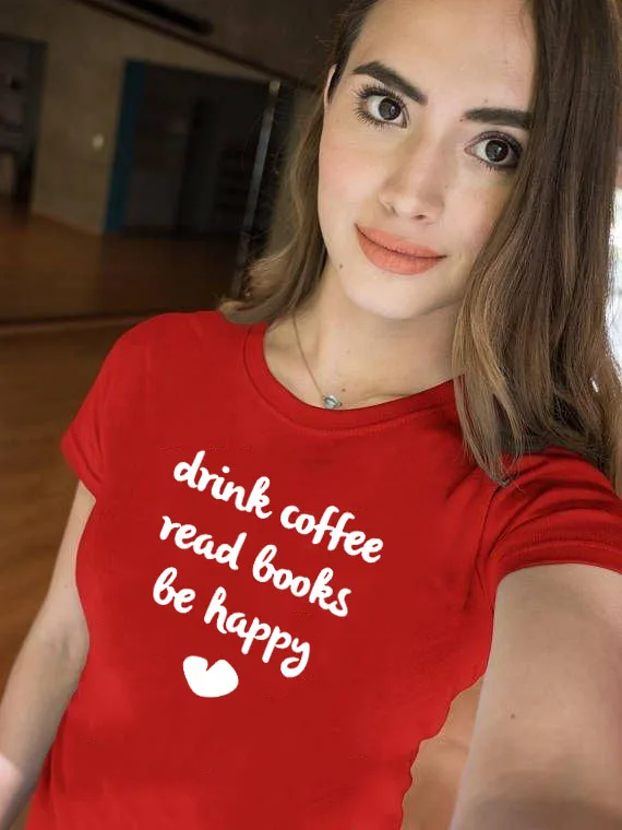 Женская футболка с надписью DRINK COFFEE и принтом BE HAPPY Повседневная хипстерская