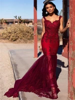burgundy straps sweetheart mermaid long prom dresses 2020 new lace appliques tulle formal party evening gowns
