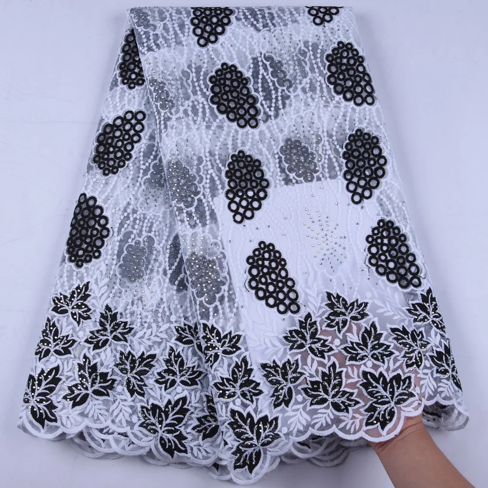 Красно-белая молочная шелковая кружевная африканская ткань с вышивкой