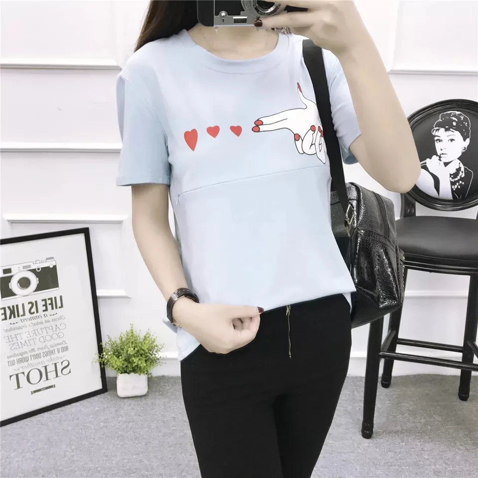 1739 blue Летняя хлопковая футболка для кормления с круглым вырезом и коротким рукавом на молнии для кормящих женщин, модные топы с принтом для кормящих женщин после родов - Цвет: 1739 blue