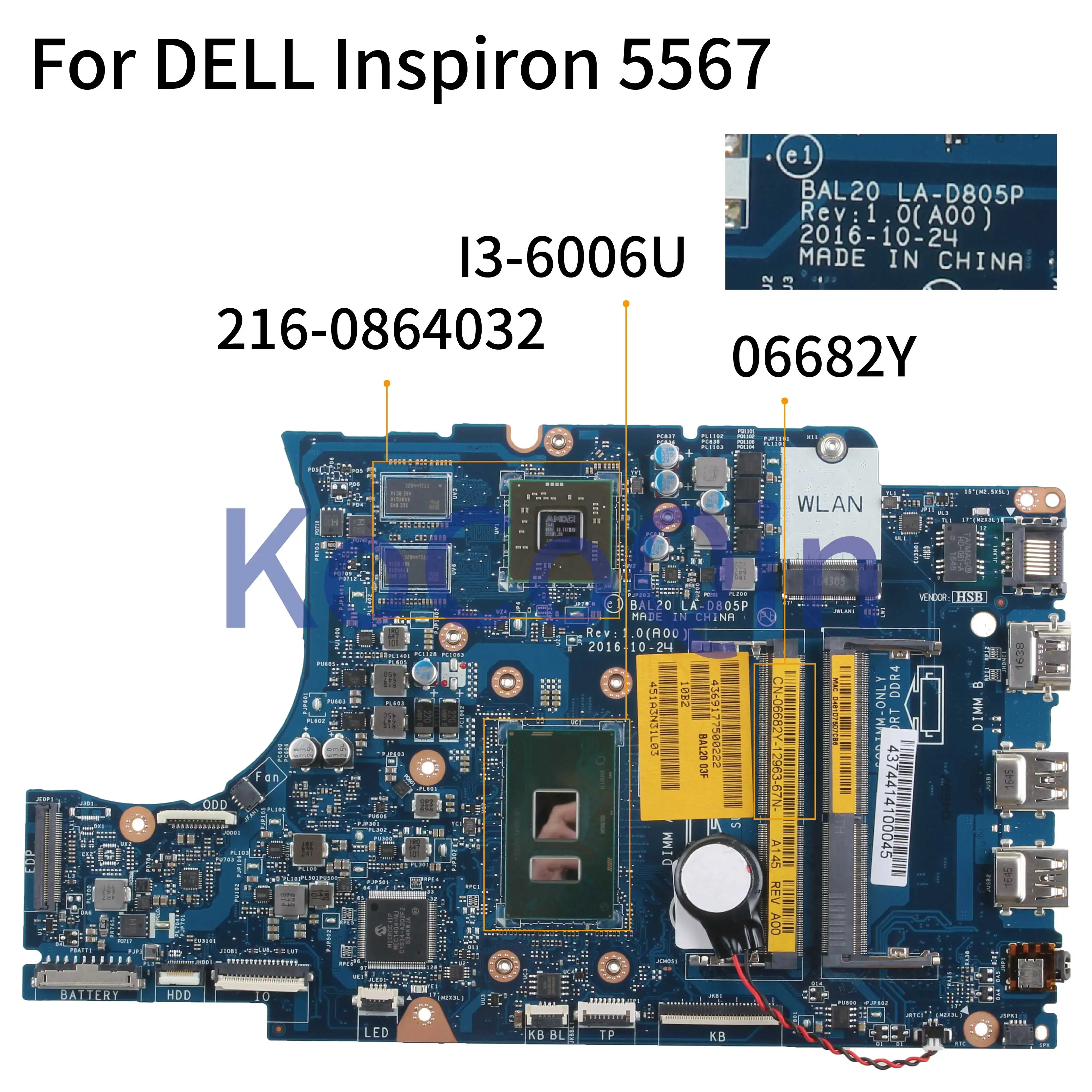 KoCoQin материнская плата для ноутбука DELL Inspiron 5567 Core I3 6006U 216 0864032 CN 06682Y BAL20 LA D805P