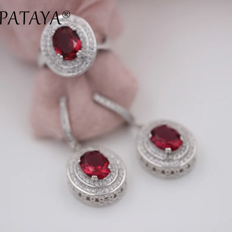rose red PATAYA модный мистический ювелирный набор из настоящего белого золота, брендовый винтажный Свадебный прекрасный натуральный циркон, Свадебный костюм, серьги, набор колец - Окраска металла: rose red