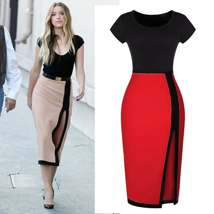 women dress 2015 summer O Neck Short Sleeves Patchwork Mid Calf bodycon high quality party evening elegant novelty dresses|dress up little