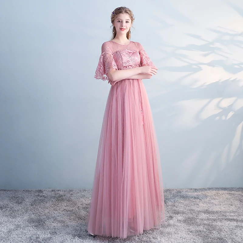 He's Bride Flare Sleeves Lace Up Back Floor-Length Pink Evening Dress Custom Party Gown Vestidos De Fiesta Vestido Noche | Свадьбы и