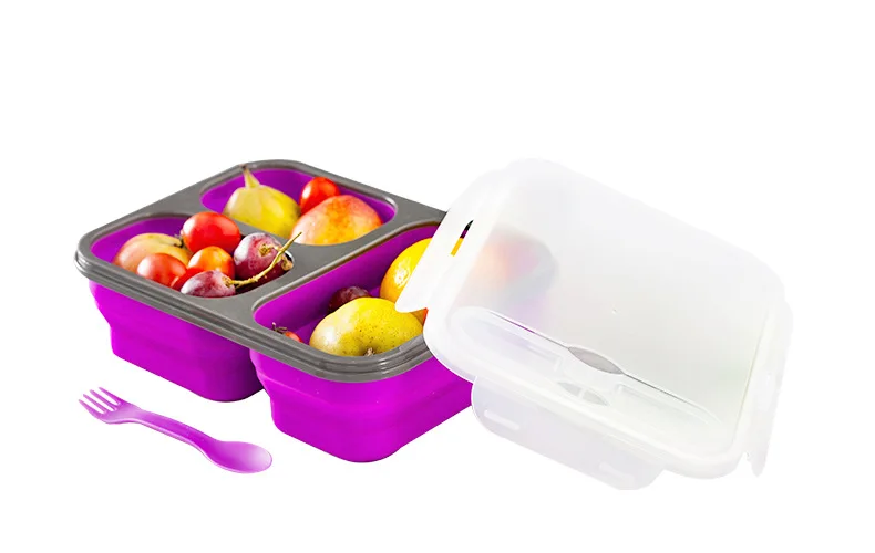 Силиконовый Ланч-бокс с вилкой, СВЧ, складной, для офиса, для детей, Bento Tiffin, портативный, большая емкость, 3 сетки, контейнер для еды, приготовление еды