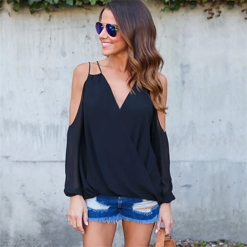 

Sexy Off Shoulder Chiffon Blouse Backless Summer Women Blouses and tops Casual Solid Loose Long Sleeve Shirt Hollow out Blusas