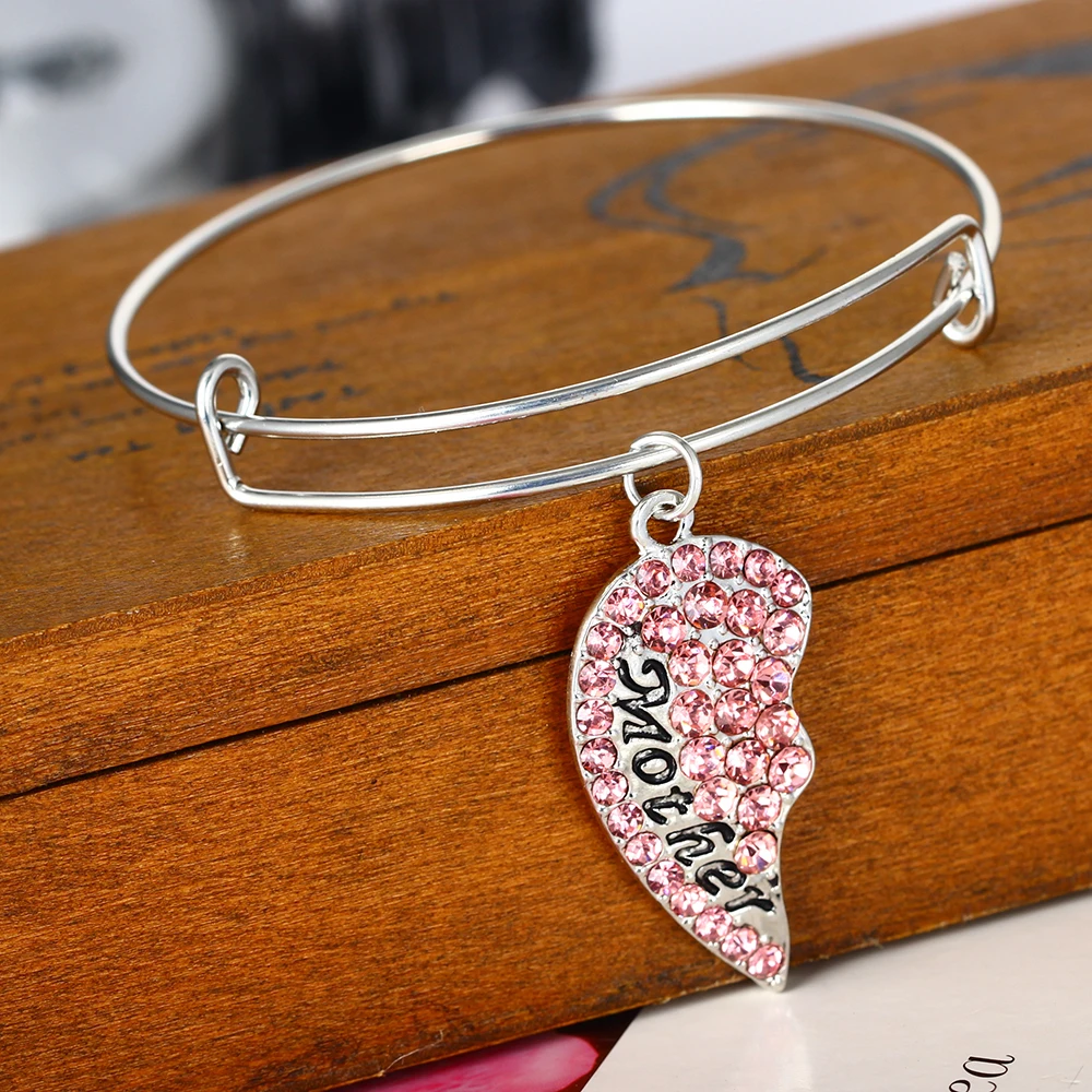 2X Pink Heart Bangle Mother And Daughter Crystal Charm Bracelet For Women Jewelry Best Friends Christams Gifts BFF | Украшения и