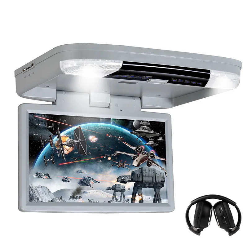 Grey with headphone Dvd-плеер 15,6 дюймов FHD 1080P Автомобильный монитор на крыше с HDMI портом/USB/SD встроенным ИК/fm-передатчиком откидной потолочный Телевизор для автомобиля - Цвет: Grey with headphone