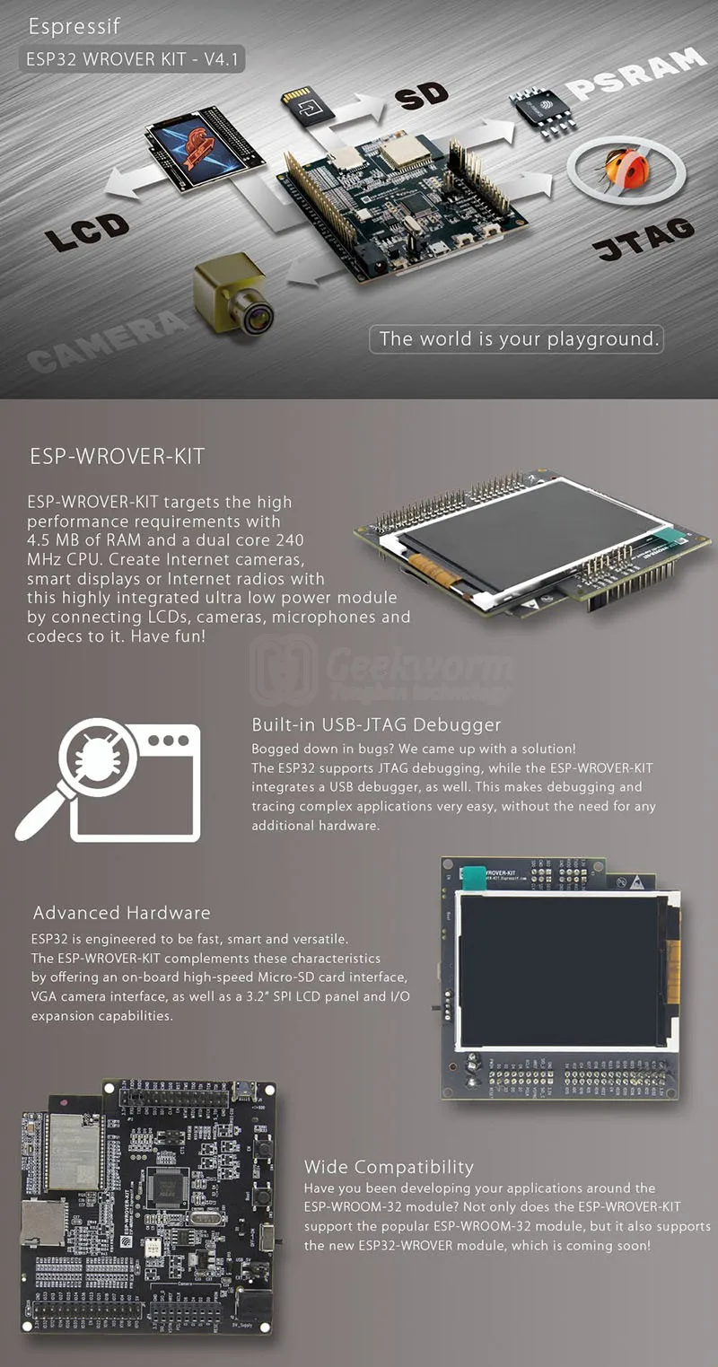 ESP-WROVER-KIT V4.1 Espressif ESP32 WROVER макетная плата с WiFi беспроводной Bluetooth с 3,2 дюймовым цветным ЖК-экраном