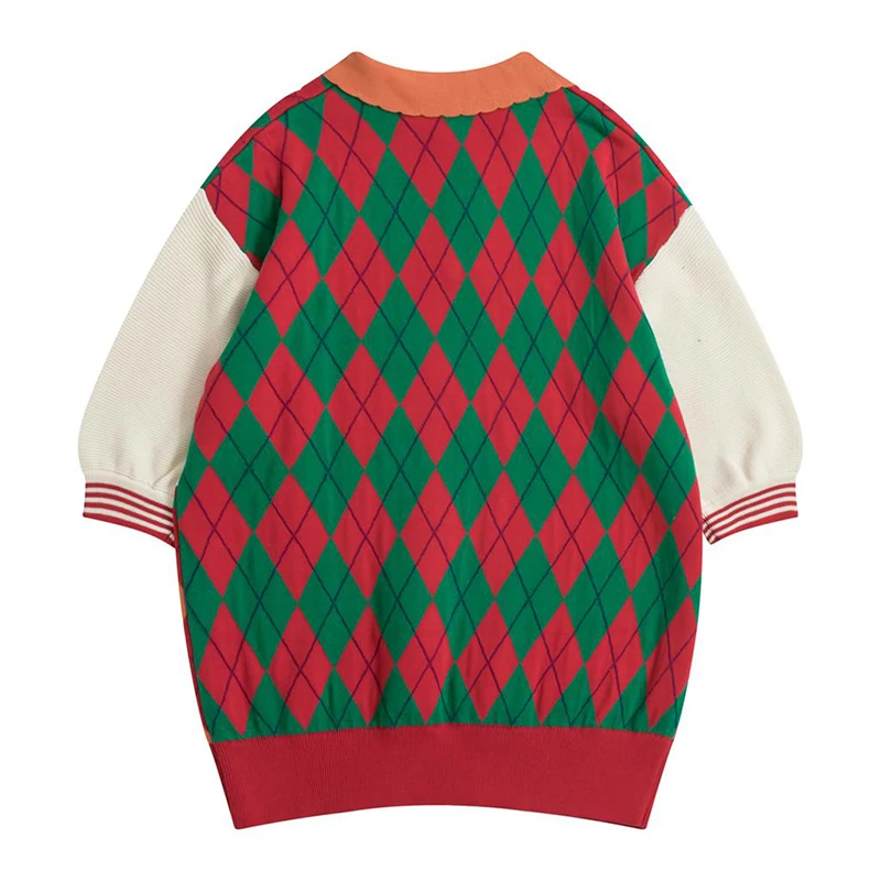 High Quality Women's Pullover Sweater Diamond Plaid Green Rainbow Half Sleeve Ladies New Spring Loose Knit | Женская одежда