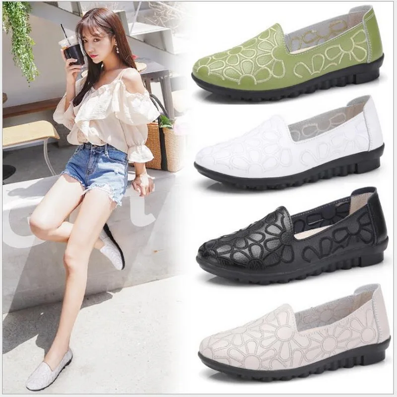 RUSHIMAN 2021 Split Leather Oxford Flat Shoes For Women New Autumn Embroidered Round Toe Casual  Ladies Loafers Walking shoes