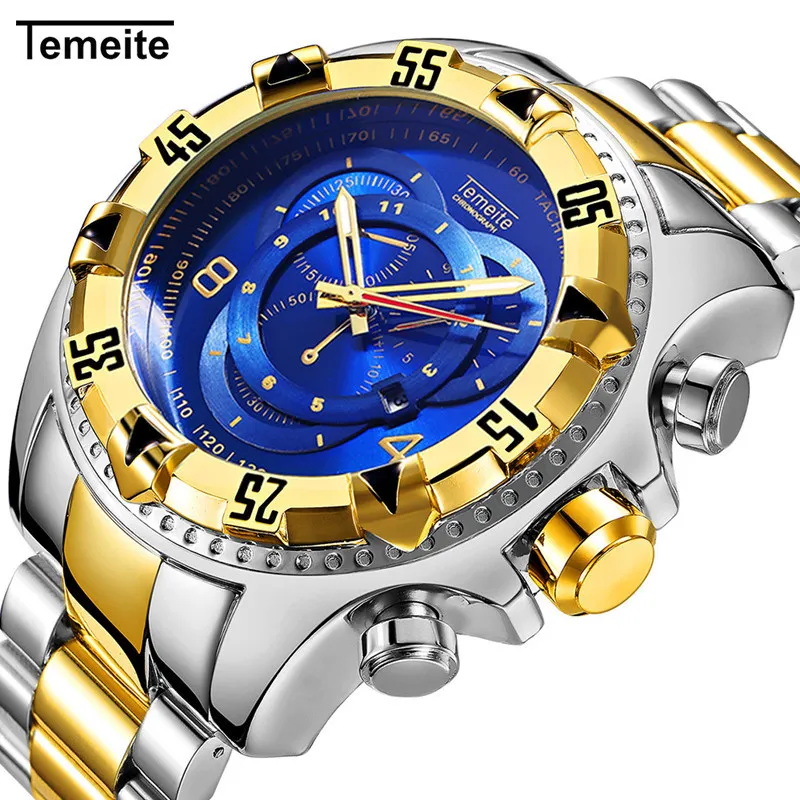 Temeite роскошные кварцевые мужские часы модные золотые наручные из нержавеющей