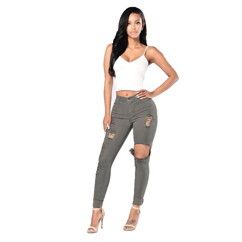 

New 2017 Women Stylish Hole Out High Waist Denim Pants Streetwear Pencil Trousers