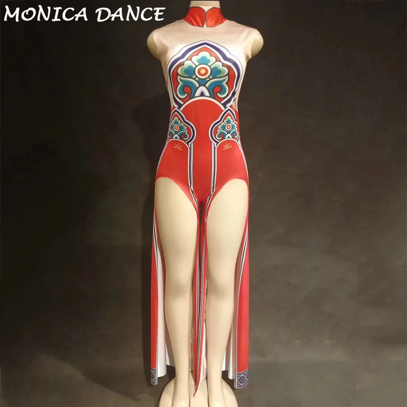 Sexy Stage Red Printed Dance Jumpsuit Cheongsam Bodysuit Women's Party Clothes Celebrate Outfit Female Singer Dance Show Outfit
