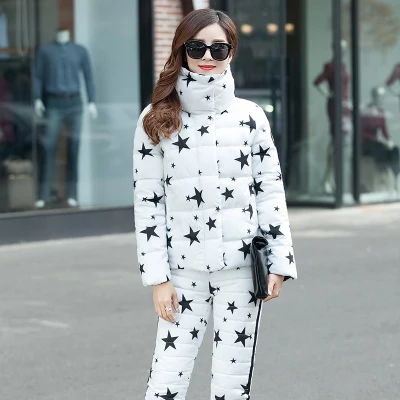 Style 2 Star white Женский зимний Камуфляжный хлопковый костюм с капюшоном и воротником из меха енота, женская верхняя одежда, плотное теплое пальто, комплект из 2 предметов(пальто+ штаны - Цвет: Style 2 Star white