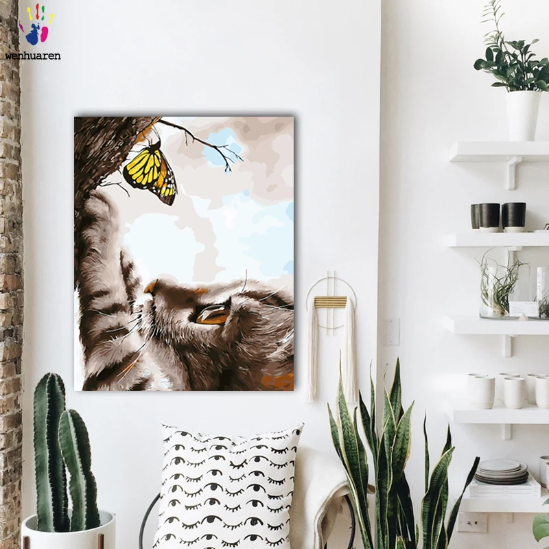 DIY цветные картинки по номерам с цветами лиса и кошка живопись Рисование Живопись по номерам Обрамленный дом