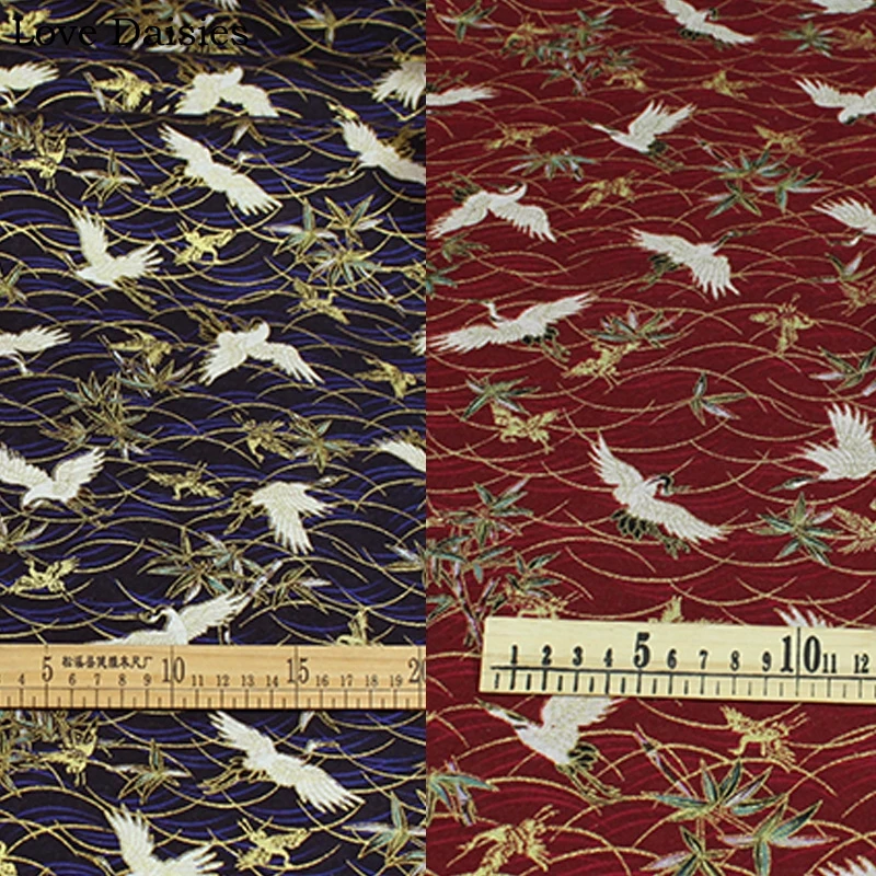 

100% Cotton Satin Bronzed Japanese Style BLUE RED Red-Crowned White Crane fabrics for DIY tablecloth Bag Craft Handwork Decor