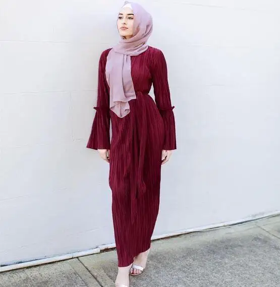 

Muslim Wrinkled Pencil Skirt Pliss Maxi Dress Trumpet Sleeve Abaya Long Robes Tunic Middle East Ramadan Arab Islamic Clothing