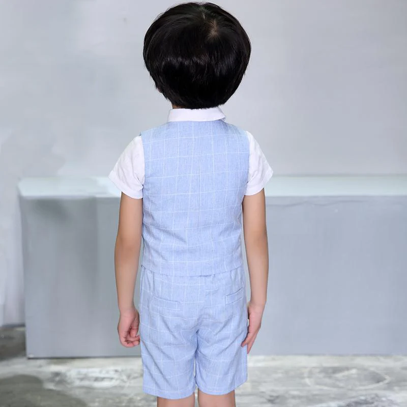 New Boys Summer Formal Vest Shirt Shorts 3Pcs Set Waistcoat Suit Children England Style Wedding with Bowtie for F045 |