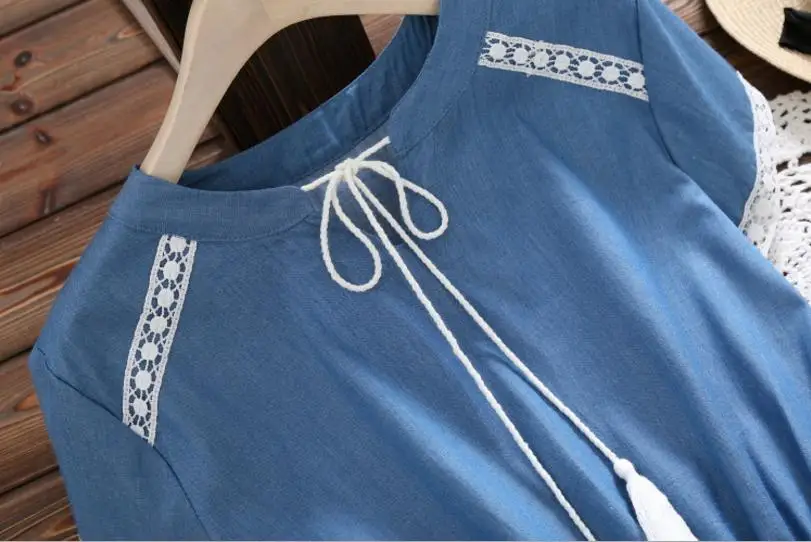 S-XXL Vintage Mori Girl Denim Stitching mesh dress female 2018 summer new short sleeve cotton blue slim was thin dressL810 | Женская