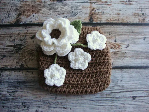 Младенца вязания крючком coffice Шапка-бини белое платье с цветочным рисунком