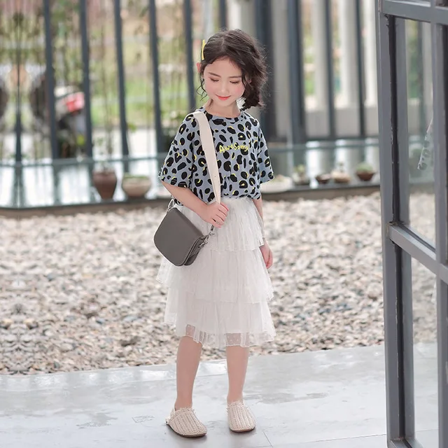 Комплект одежды для девочек лето 2019 леопардовая рубашка + длинная многослойная