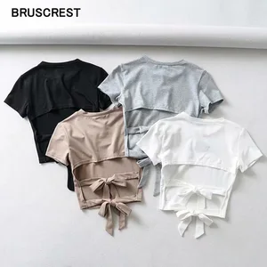 Женский винтажный топ с бантом, черная или белая футболка с открытой спиной и коротким рукавом, уличная одежда, летний топ