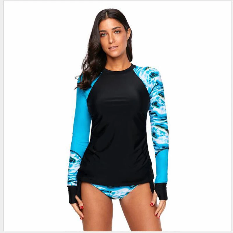 

Surfing-suit Sexy Splicing Swimwear Contrast Rosy Detail Long Sleeve Tankini Swimsuit Women Bathing Suits Monokini XL