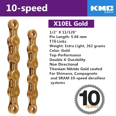 KMC X8 X9 X9sl X10 X10sl X11SL велосипедная цепь 9S 10S 11S золото для MTB/шоссейного велосипеда для Shimano/SRAM 8 9 10 11 скорость 116л/цепной велосипед - Цвет: X10EL gold