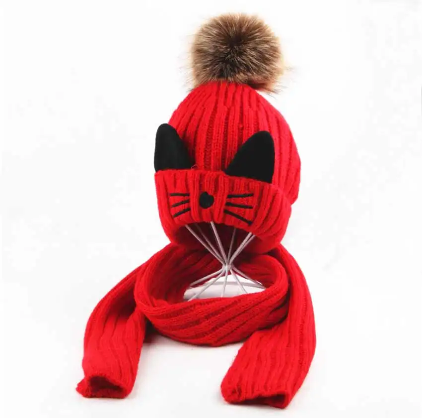 Conjunto de gorro y bufanda de invierno para niños y niñas, bufandas de punto acanalado, pompón de piel, gorro cálido, traje de diseño de gato, M5300, 2 uds.