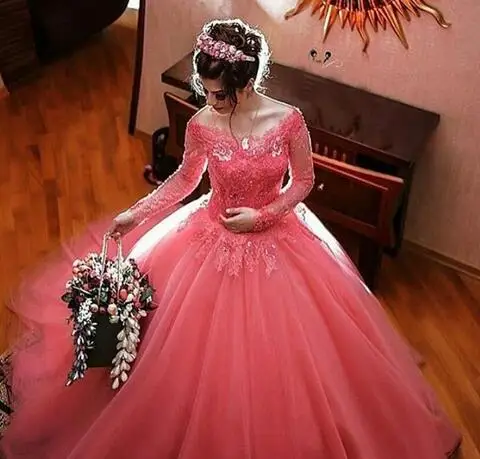 

Coral Quinceanera Dresses Long Sleeve Ball Gown Off The Shoulder Vestidos De 15 Anos Lace Appliques Robe De Bal Floor Length