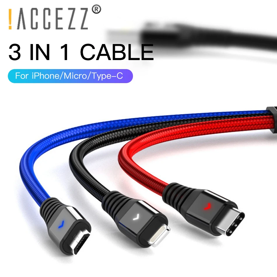 ! ACCEZZ 3 в 1 USB кабель 2 4 А Micro Type C мобильный телефон для iPhone X XR XS Samsung S9 S8 Xiaomi Быстрая