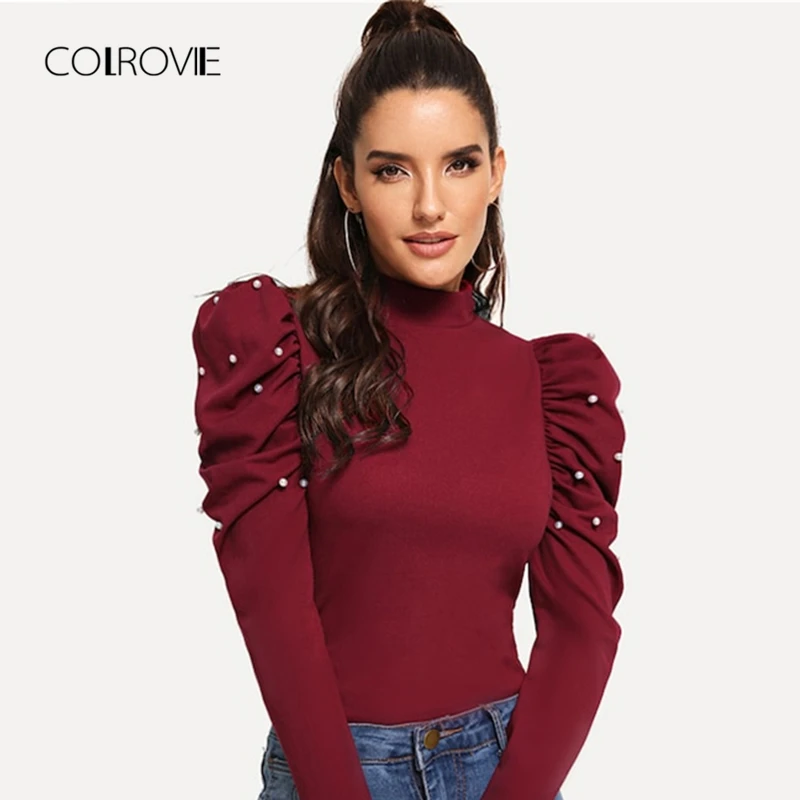 COLROVIE, бордовые жемчужные бусы, ложный воротник, пышные рукава, Рождественская Элегантная блузка,, осенняя мода, милые женские топы и блузки